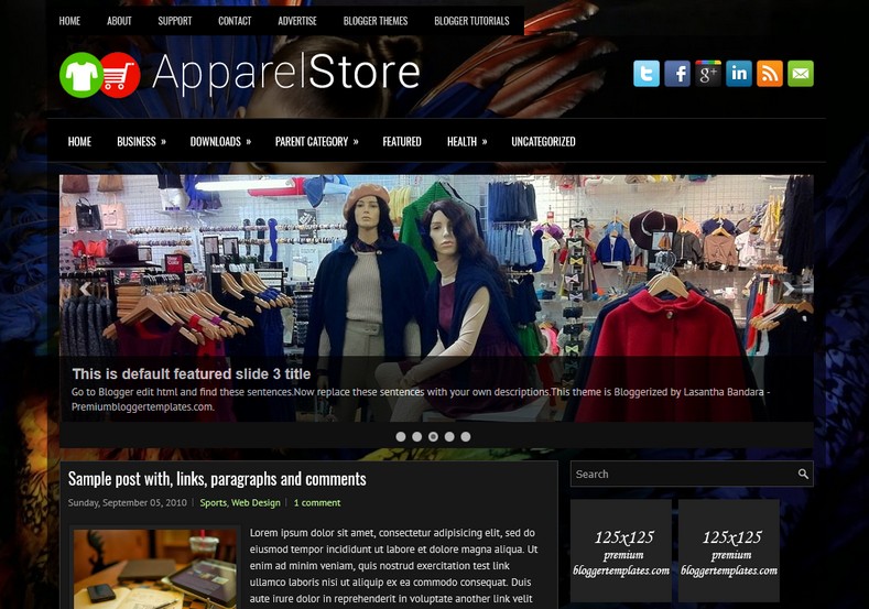 ApparelStore Dark Blogger Template. Blogger Themes. Free Blogspot templates for your blogger blog. Best suitable for news blog templates. Ads ready blogspot templates help for add adsense ad code and easily showing adsence ads in your blog. Adapted from WordPress templates are converted from WordPress themes. It is help for take your rich. Blogger magazine template specially designed for magazine blogs. The writers can utilize this themes for take blog attractive to users. Elegant themes are more used themes in most of the blogs. Use minimalist blog templates for rich look for your blog. Free premium blogger themes means, themes authors release two types of themes. One is premium another one is free. Premium templates given for cost but free themes given for no cost. You no need pay From California, USA. $10 USD, or $20 USD and more. But premium buyers get more facilities from authors But free buyers. If you run game or other animation oriented blogs, and you can try with Anime blog templates. Today the world is fashion world. So girls involve to the criteria for make their life fashionable. So we provide fashion blogger themes for make your fashionable. News is most important concept of the world. Download news blogger templates for publishing online news. You can make your blog as online shopping store. Get Online shopping store blogger template to sell your product. Navigation is most important to users find correct place. Download drop down menu, page navigation menu, breadcrumb navigation menu and vertical dropdown menu blogspot themes for free. Google Guide to blogging tips and tricks for bloggers. Google bloggers can get blogspot trick and tips for bloggers. Blog templates portfolio professional blogspot themes, You can store your life moments with your blogs with personal pages templates. Video and movie blogs owners get amazing movie blog themes for their blogs. Business templates download. We publish blogger themes for photographers. Photographers easily share photos via photography blog themes. St valentine Christmas Halloween templates. Download Slideshow slider templates for free. Under construction coming soon custom blogspot template. Best beautiful high quality Custom layouts Blog templates from templateism, SoraTemplates, templatetrackers, simple, cute free premium professional unique designs blog themes blogspot themes. Seo ready portfolio anime fashion movie movies health custom layouts best download blogspot themes simple cute free premium professional unique designs xml html code html5.