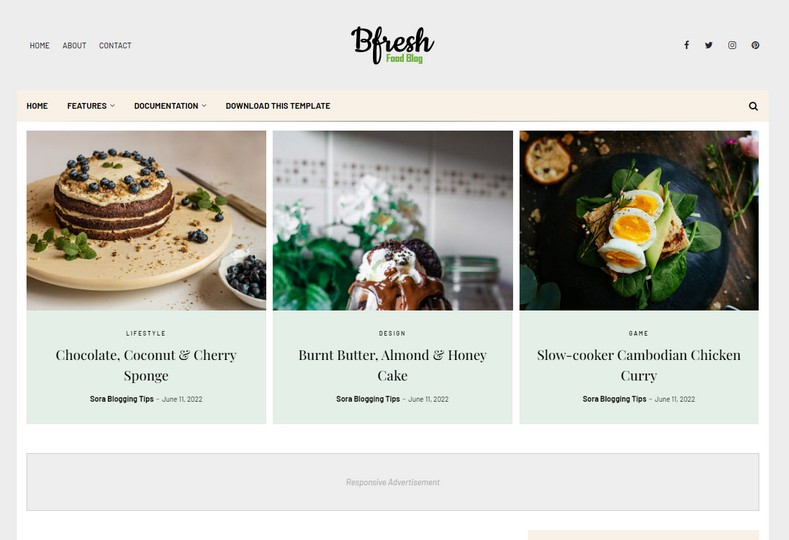 Bfresh Blogger Template is a beautifully clean and Fast-loading blogger theme for food and recipe blogs. This theme has multiple widget functions by which you can show your passion for delicious dishes and food blogs to users easily.
