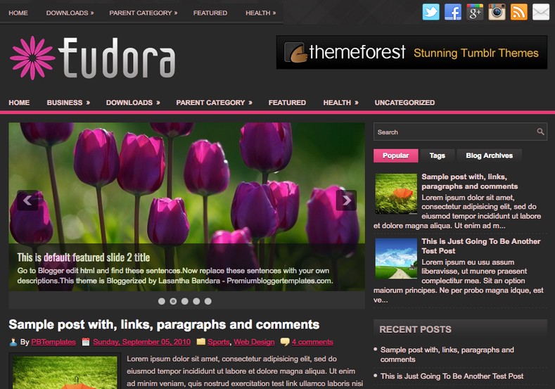 Eudora Blogger Template. Blogger Themes. Free Blogspot templates for your blogger blog. Best suitable for news blog templates. Best Ads ready blogspot templates help for add adsense ad code and easily showing adsence ads in your blog. Adapted from WordPress templates are converted from WordPress themes. It is help for take your rich. Blogger magazine template specially designed for magazine blogs. The writers can utilize this themes for take blog attractive to users. Elegant themes are more used themes in most of the blogs. Use minimalist blog templates for rich look for your blog. Free premium blogger themes means, themes authors release two types of themes. One is premium another one is free. Premium templates given for cost but free themes given for no cost. You no need pay From California, USA. $10 USD, or $20 USD and more. But premium buyers get more facilities from authors But free buyers. If you run game or other animation oriented blogs, and you can try with Anime blog templates. Today the world is fashion world. So girls involve to the criteria for make their life fashionable. So we provide fashion blogger themes for make your fashionable. News is most important concept of the world. Download news blogger templates for publishing online news. You can make your blog as online shopping store. Get Online shopping store blogger template to sell your product. Navigation is most important to users find correct place. Download drop down menu, page navigation menu, breadcrumb navigation menu and vertical dropdown menu blogspot themes for free. Google Guide to blogging tips and tricks for bloggers. Google bloggers can get blogspot trick and tips for bloggers. Blog templates portfolio professional blogspot themes, You can store your life moments with your blogs with personal pages templates. Video and movie blogs owners get amazing movie blog themes for their blogs. Business templates download. We publish blogger themes for photographers. Photographers easily share photos via photography blog themes. St valentine Christmas Halloween templates. Download Slideshow slider templates for free. Under construction coming soon custom blogspot template. Best beautiful high quality Custom layouts Blog templates from templateism, SoraTemplates, templatetrackers, simple, cute free premium professional unique designs blog themes blogspot themes. Seo ready portfolio anime fashion movie movies health custom layouts best download blogspot themes simple cute free premium professional unique designs xml html code html5. Eudora Blogger Template