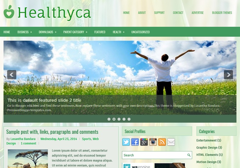 Healthyca Green Blogger Template. Blogger Themes. Free Blogspot templates for your blogger blog. Best suitable for news blog templates. Ads ready blogspot templates help for add adsense ad code and easily showing adsence ads in your blog. Adapted from WordPress templates are converted from WordPress themes. It is help for take your rich. Blogger magazine template specially designed for magazine blogs. The writers can utilize this themes for take blog attractive to users. Elegant themes are more used themes in most of the blogs. Use minimalist blog templates for rich look for your blog. Free premium blogger themes means, themes authors release two types of themes. One is premium another one is free. Premium templates given for cost but free themes given for no cost. You no need pay From California, USA. $10 USD, or $20 USD and more. But premium buyers get more facilities from authors But free buyers. If you run game or other animation oriented blogs, and you can try with Anime blog templates. Today the world is fashion world. So girls involve to the criteria for make their life fashionable. So we provide fashion blogger themes for make your fashionable. News is most important concept of the world. Download news blogger templates for publishing online news. You can make your blog as online shopping store. Get Online shopping store blogger template to sell your product. Navigation is most important to users find correct place. Download drop down menu, page navigation menu, breadcrumb navigation menu and vertical dropdown menu blogspot themes for free. Google Guide to blogging tips and tricks for bloggers. Google bloggers can get blogspot trick and tips for bloggers. Blog templates portfolio professional blogspot themes, You can store your life moments with your blogs with personal pages templates. Video and movie blogs owners get amazing movie blog themes for their blogs. Business templates download. We publish blogger themes for photographers. Photographers easily share photos via photography blog themes. St valentine Christmas Halloween templates. Download Slideshow slider templates for free. Under construction coming soon custom blogspot template. Best beautiful high quality Custom layouts Blog templates from templateism, SoraTemplates, templatetrackers, simple, cute free premium professional unique designs blog themes blogspot themes. Seo ready portfolio anime fashion movie movies health custom layouts best download blogspot themes simple cute free premium professional unique designs xml html code html5.