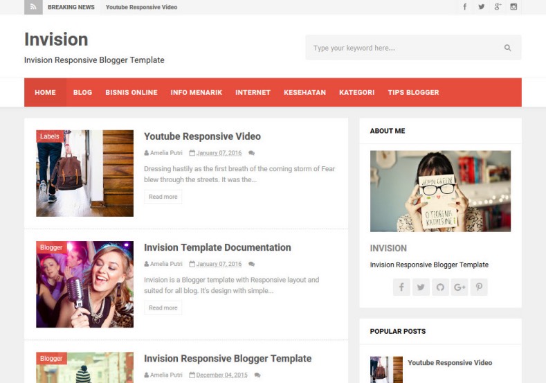 Invision Blogger Template. Simple style Blogger template for your blogger blog. Blogger template looks like simply but has beautiful design. Responsive Invision Blogger Template free download.