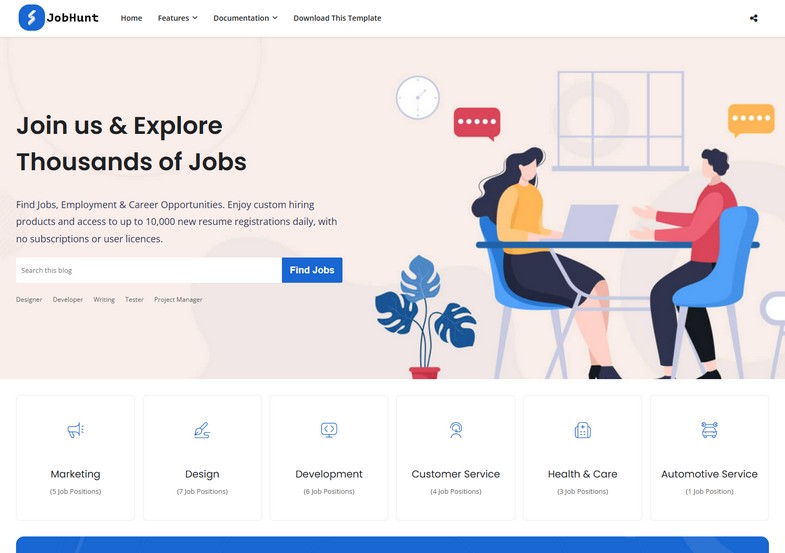 JobHunt Blogger Template is a professional and feature-rich theme designed specifically for creating job portals and employment-focused blogs.