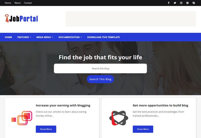 JobPortal Blogger Template is well designed and structured with the new generation of Html and javascript codes which helps the functions of the template to work faster and in a proper way.