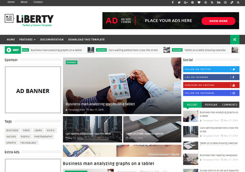 Liberty 3 Column Blogger Template is seo ready responsive template and perfect for all kind of niche