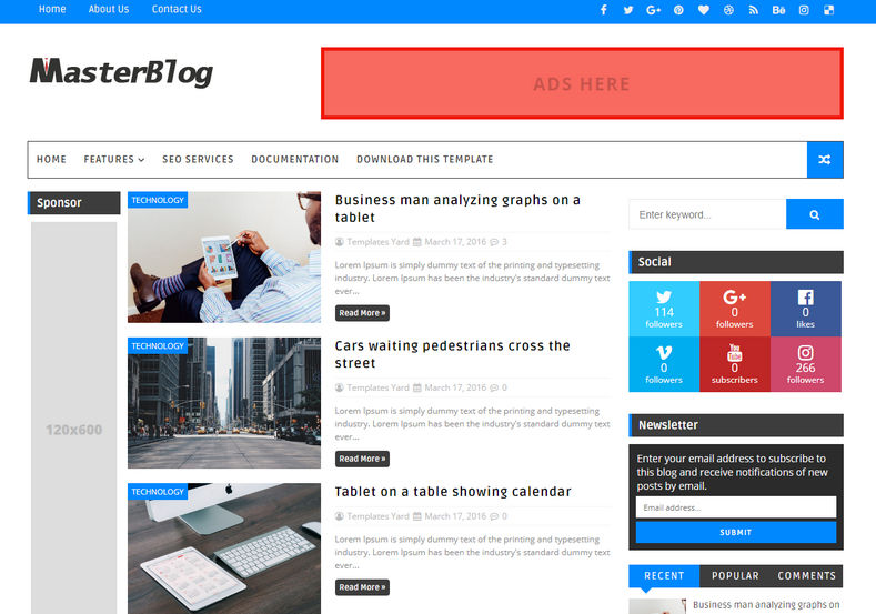 Master Blog Blogger Template is a 3 column responsive theme with clean and fast loading features with an added advantange of right and left sidebar