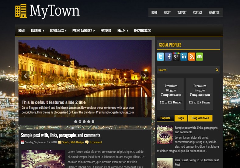 MyTown Dark Blogger Template. Blogger Themes. Free Blogspot templates for your blogger blog. Best suitable for news blog templates. Best Ads ready blogspot templates help for add adsense ad code and easily showing adsence ads in your blog. Adapted from WordPress templates are converted from WordPress themes. It is help for take your rich. Blogger magazine template specially designed for magazine blogs. The writers can utilize this themes for take blog attractive to users. Elegant themes are more used themes in most of the blogs. Use minimalist blog templates for rich look for your blog. Free premium blogger themes means, themes authors release two types of themes. One is premium another one is free. Premium templates given for cost but free themes given for no cost. You no need pay From California, USA. $10 USD, or $20 USD and more. But premium buyers get more facilities from authors But free buyers. If you run game or other animation oriented blogs, and you can try with Anime blog templates. Today the world is fashion world. So girls involve to the criteria for make their life fashionable. So we provide fashion blogger themes for make your fashionable. News is most important concept of the world. Download news blogger templates for publishing online news. You can make your blog as online shopping store. Get Online shopping store blogger template to sell your product. Navigation is most important to users find correct place. Download drop down menu, page navigation menu, breadcrumb navigation menu and vertical dropdown menu blogspot themes for free. Google Guide to blogging tips and tricks for bloggers. Google bloggers can get blogspot trick and tips for bloggers. Blog templates portfolio professional blogspot themes, You can store your life moments with your blogs with personal pages templates. Video and movie blogs owners get amazing movie blog themes for their blogs. Business templates download. We publish blogger themes for photographers. Photographers easily share photos via photography blog themes. St valentine Christmas Halloween templates. Download Slideshow slider templates for free. Under construction coming soon custom blogspot template. Best beautiful high quality Custom layouts Blog templates from templateism, SoraTemplates, templatetrackers, simple, cute free premium professional unique designs blog themes blogspot themes. Seo ready portfolio anime fashion movie movies health custom layouts best download blogspot themes simple cute free premium professional unique designs xml html code html5.