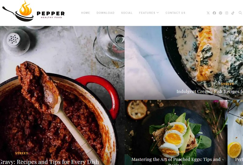 Pepper Blogger Template is the ideal theme for food bloggers, YouTubers, recipe and food websites, cooking channels, and small food businesses.