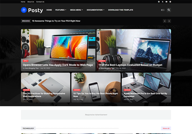 Posty Blogger Template is a professionally designed magazine blogspot theme with all the latest functionalities and features. 100% responsive design ensures that it can load perfectly across all major device sizes.