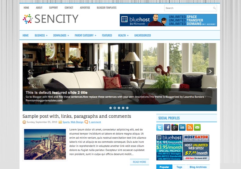 Sencity 2 Columns Blogger Template. Blogger Themes. Free Blogspot templates for your blogger blog. Best suitable for news blog templates. Best Ads ready blogspot templates help for add adsense ad code and easily showing adsence ads in your blog. Adapted from WordPress templates are converted from WordPress themes. It is help for take your rich. Blogger magazine template specially designed for magazine blogs. The writers can utilize this themes for take blog attractive to users. Elegant themes are more used themes in most of the blogs. Use minimalist blog templates for rich look for your blog. Free premium blogger themes means, themes authors release two types of themes. One is premium another one is free. Premium templates given for cost but free themes given for no cost. You no need pay From California, USA. $10 USD, or $20 USD and more. But premium buyers get more facilities from authors But free buyers. If you run game or other animation oriented blogs, and you can try with Anime blog templates. Today the world is fashion world. So girls involve to the criteria for make their life fashionable. So we provide fashion blogger themes for make your fashionable. News is most important concept of the world. Download news blogger templates for publishing online news. You can make your blog as online shopping store. Get Online shopping store blogger template to sell your product. Navigation is most important to users find correct place. Download drop down menu, page navigation menu, breadcrumb navigation menu and vertical dropdown menu blogspot themes for free. Google Guide to blogging tips and tricks for bloggers. Google bloggers can get blogspot trick and tips for bloggers. Blog templates portfolio professional blogspot themes, You can store your life moments with your blogs with personal pages templates. Video and movie blogs owners get amazing movie blog themes for their blogs. Business templates download. We publish blogger themes for photographers. Photographers easily share photos via photography blog themes. St valentine Christmas Halloween templates. Download Slideshow slider templates for free. Under construction coming soon custom blogspot template. Best beautiful high quality Custom layouts Blog templates from templateism, SoraTemplates, templatetrackers, simple, cute free premium professional unique designs blog themes blogspot themes. Seo ready portfolio anime fashion movie movies health custom layouts best download blogspot themes simple cute free premium professional unique designs xml html code html5.