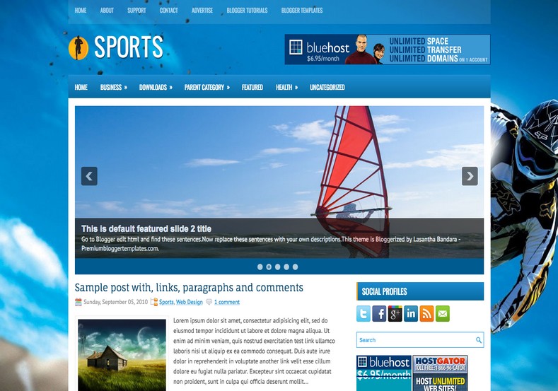 Sports 2 Columns Blogger Template. Blogger Themes. Free Blogspot templates for your blogger blog. Best suitable for news blog templates. Best Ads ready blogspot templates help for add adsense ad code and easily showing adsence ads in your blog. Adapted from WordPress templates are converted from WordPress themes. It is help for take your rich. Blogger magazine template specially designed for magazine blogs. The writers can utilize this themes for take blog attractive to users. Elegant themes are more used themes in most of the blogs. Use minimalist blog templates for rich look for your blog. Free premium blogger themes means, themes authors release two types of themes. One is premium another one is free. Premium templates given for cost but free themes given for no cost. You no need pay From California, USA. $10 USD, or $20 USD and more. But premium buyers get more facilities from authors But free buyers. If you run game or other animation oriented blogs, and you can try with Anime blog templates. Today the world is fashion world. So girls involve to the criteria for make their life fashionable. So we provide fashion blogger themes for make your fashionable. News is most important concept of the world. Download news blogger templates for publishing online news. You can make your blog as online shopping store. Get Online shopping store blogger template to sell your product. Navigation is most important to users find correct place. Download drop down menu, page navigation menu, breadcrumb navigation menu and vertical dropdown menu blogspot themes for free. Google Guide to blogging tips and tricks for bloggers. Google bloggers can get blogspot trick and tips for bloggers. Blog templates portfolio professional blogspot themes, You can store your life moments with your blogs with personal pages templates. Video and movie blogs owners get amazing movie blog themes for their blogs. Business templates download. We publish blogger themes for photographers. Photographers easily share photos via photography blog themes. St valentine Christmas Halloween templates. Download Slideshow slider templates for free. Under construction coming soon custom blogspot template. Best beautiful high quality Custom layouts Blog templates from templateism, SoraTemplates, templatetrackers, simple, cute free premium professional unique designs blog themes blogspot themes. Seo ready portfolio anime fashion movie movies health custom layouts best download blogspot themes simple cute free premium professional unique designs xml html code html5.