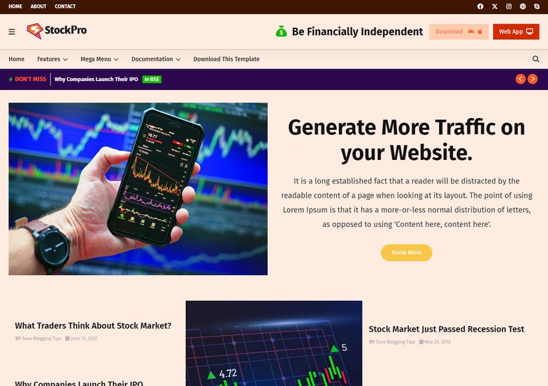 StockPro Blogger Template is a dynamic blog news magazine theme perfect for publishing content related to the stock market, investments, mutual funds, SIPs, forex, credit cards, debit cards, banking, and insurance.