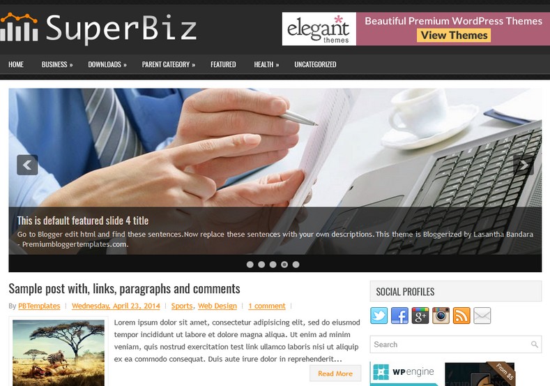 SuperBiz 2 Columns Blogger Template. Blogger Themes. Free Blogspot templates for your blogger blog. Best suitable for news blog templates. Ads ready blogspot templates help for add adsense ad code and easily showing adsence ads in your blog. Adapted from WordPress templates are converted from WordPress themes. It is help for take your rich. Blogger magazine template specially designed for magazine blogs. The writers can utilize this themes for take blog attractive to users. Elegant themes are more used themes in most of the blogs. Use minimalist blog templates for rich look for your blog. Free premium blogger themes means, themes authors release two types of themes. One is premium another one is free. Premium templates given for cost but free themes given for no cost. You no need pay From California, USA. $10 USD, or $20 USD and more. But premium buyers get more facilities from authors But free buyers. If you run game or other animation oriented blogs, and you can try with Anime blog templates. Today the world is fashion world. So girls involve to the criteria for make their life fashionable. So we provide fashion blogger themes for make your fashionable. News is most important concept of the world. Download news blogger templates for publishing online news. You can make your blog as online shopping store. Get Online shopping store blogger template to sell your product. Navigation is most important to users find correct place. Download drop down menu, page navigation menu, breadcrumb navigation menu and vertical dropdown menu blogspot themes for free. Google Guide to blogging tips and tricks for bloggers. Google bloggers can get blogspot trick and tips for bloggers. Blog templates portfolio professional blogspot themes, You can store your life moments with your blogs with personal pages templates. Video and movie blogs owners get amazing movie blog themes for their blogs. Business templates download. We publish blogger themes for photographers. Photographers easily share photos via photography blog themes. St valentine Christmas Halloween templates. Download Slideshow slider templates for free. Under construction coming soon custom blogspot template. Best beautiful high quality Custom layouts Blog templates from templateism, SoraTemplates, templatetrackers, simple, cute free premium professional unique designs blog themes blogspot themes. Seo ready portfolio anime fashion movie movies health custom layouts best download blogspot themes simple cute free premium professional unique designs xml html code html5.