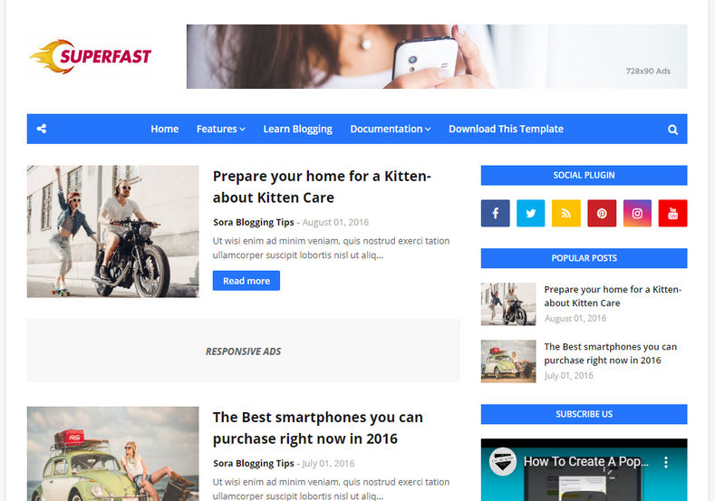 Superfast Blogger Template is an amazingly designed and well optimized blogging blogspot theme with highly seo optimized and responsive coding structure design and layout