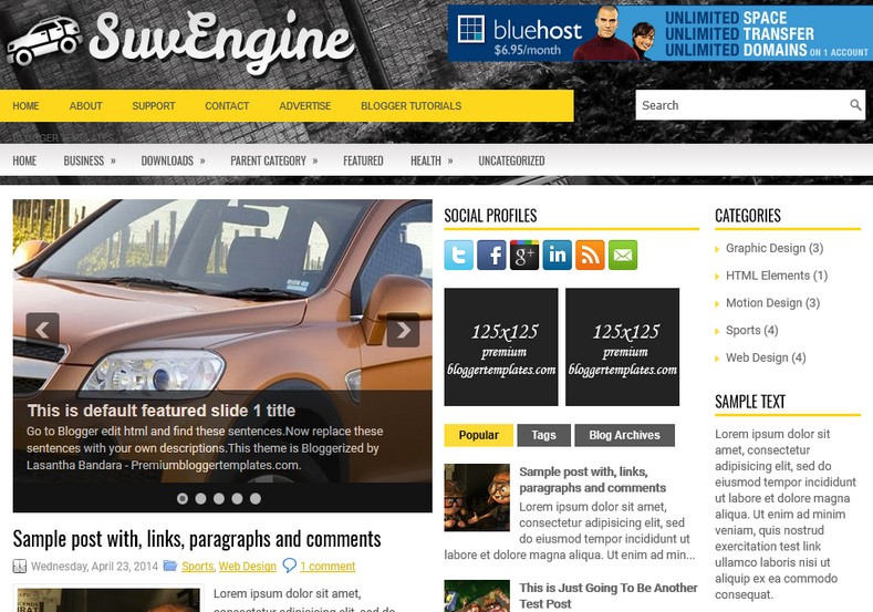 SuvEngine Cars Blogger Template. Blogger Themes. Free Blogspot templates for your blogger blog. Best suitable for news blog templates. Ads ready blogspot templates help for add adsense ad code and easily showing adsence ads in your blog. Adapted from WordPress templates are converted from WordPress themes. It is help for take your rich. Blogger magazine template specially designed for magazine blogs. The writers can utilize this themes for take blog attractive to users. Elegant themes are more used themes in most of the blogs. Use minimalist blog templates for rich look for your blog. Free premium blogger themes means, themes authors release two types of themes. One is premium another one is free. Premium templates given for cost but free themes given for no cost. You no need pay From California, USA. $10 USD, or $20 USD and more. But premium buyers get more facilities from authors But free buyers. If you run game or other animation oriented blogs, and you can try with Anime blog templates. Today the world is fashion world. So girls involve to the criteria for make their life fashionable. So we provide fashion blogger themes for make your fashionable. News is most important concept of the world. Download news blogger templates for publishing online news. You can make your blog as online shopping store. Get Online shopping store blogger template to sell your product. Navigation is most important to users find correct place. Download drop down menu, page navigation menu, breadcrumb navigation menu and vertical dropdown menu blogspot themes for free. Google Guide to blogging tips and tricks for bloggers. Google bloggers can get blogspot trick and tips for bloggers. Blog templates portfolio professional blogspot themes, You can store your life moments with your blogs with personal pages templates. Video and movie blogs owners get amazing movie blog themes for their blogs. Business templates download. We publish blogger themes for photographers. Photographers easily share photos via photography blog themes. St valentine Christmas Halloween templates. Download Slideshow slider templates for free. Under construction coming soon custom blogspot template. Best beautiful high quality Custom layouts Blog templates from templateism, SoraTemplates, templatetrackers, simple, cute free premium professional unique designs blog themes blogspot themes. Seo ready portfolio anime fashion movie movies health custom layouts best download blogspot themes simple cute free premium professional unique designs xml html code html5