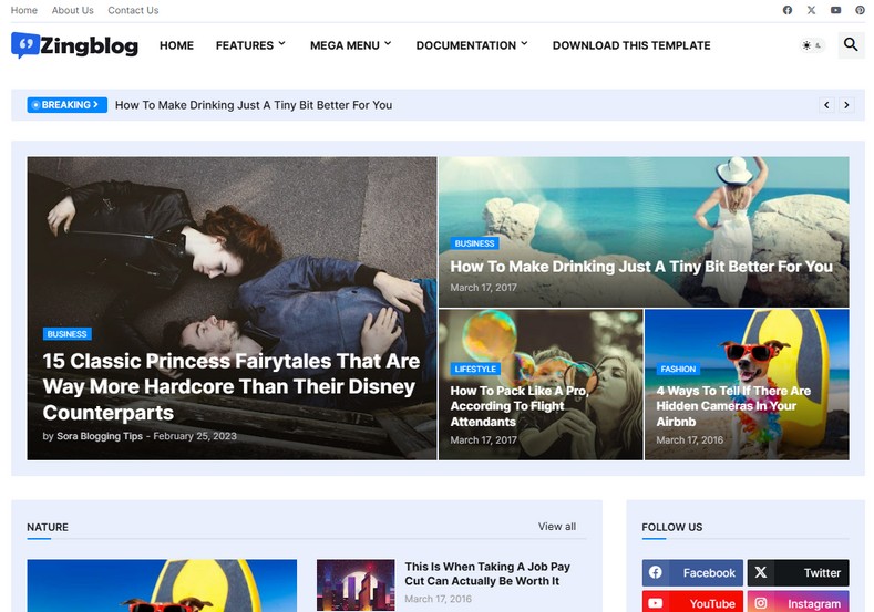 Zing Blog Blogger Template is a powerful and modern Blogger template and perfect for creating beautiful blogs, news websites, tech blogs, fashion blogs, and personal portfolios.