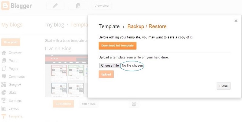 upload blogger template after Backup and restore in blogger- How to install a Blogger Template 2013